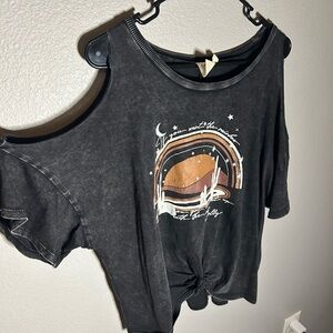 Black Graphic Cold Shoulder Top